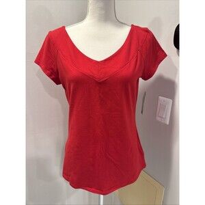 Chaps Shirt tops Blouse Large Red Cottage Core Short Sleeve Vneck NEW